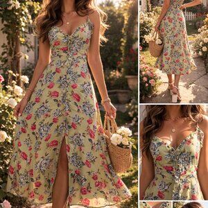 Forever 21 Vintage Y2K Green Floral Midi Dress Medium Cottagecore Coquette Butto